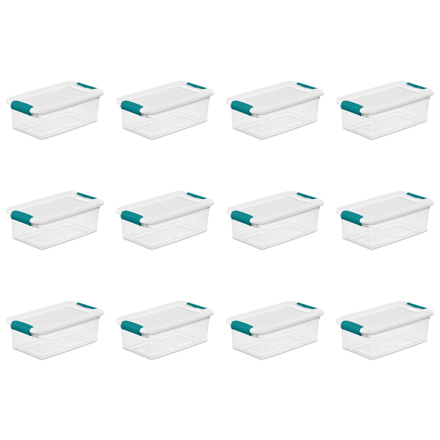 Sterilite 6 Qt Latching Storage Box, Stackable Bin with Latch Lid, Plastic Container to Organize Shoes on Closet Shelf, Clear with White Lid, 12-Pack