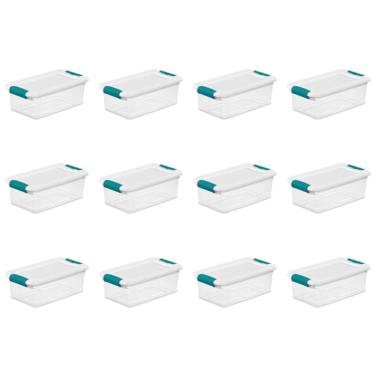Sterilite 6 Qt Latching Storage Box, Stackable Bin with Latch Lid, Plastic Container to Organize Shoes on Closet Shelf, Clear with White Lid, 12-Pack