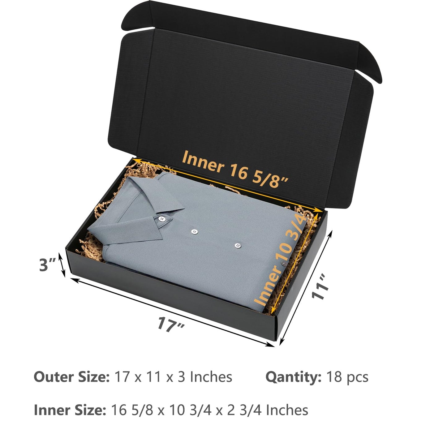 Timirog Shipping Boxes 17x11x3 Inches 18 Pack Black Corrugated Cardboard Mailing Box for Small Business, Tab Locking Literature Mailer Packaging Supplies for Packing Clothes Shirt Robe Gifts