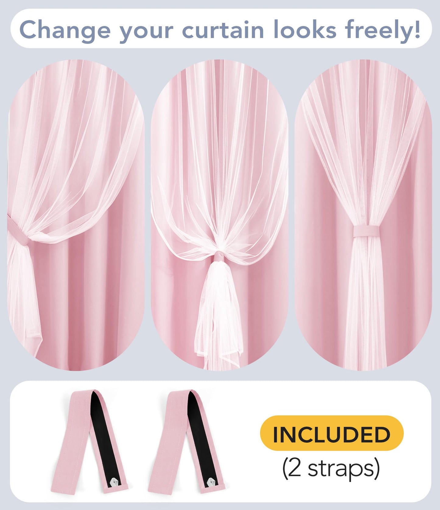 TopNaps 100% Blackout Curtains with Sheer Overlay, 2 Panels Thermal Insulated Double Layer Grommet Drapes for Girls Bedroom Living Room Darkening Apartment Windows Decor, 52" W x 84" L, Pink