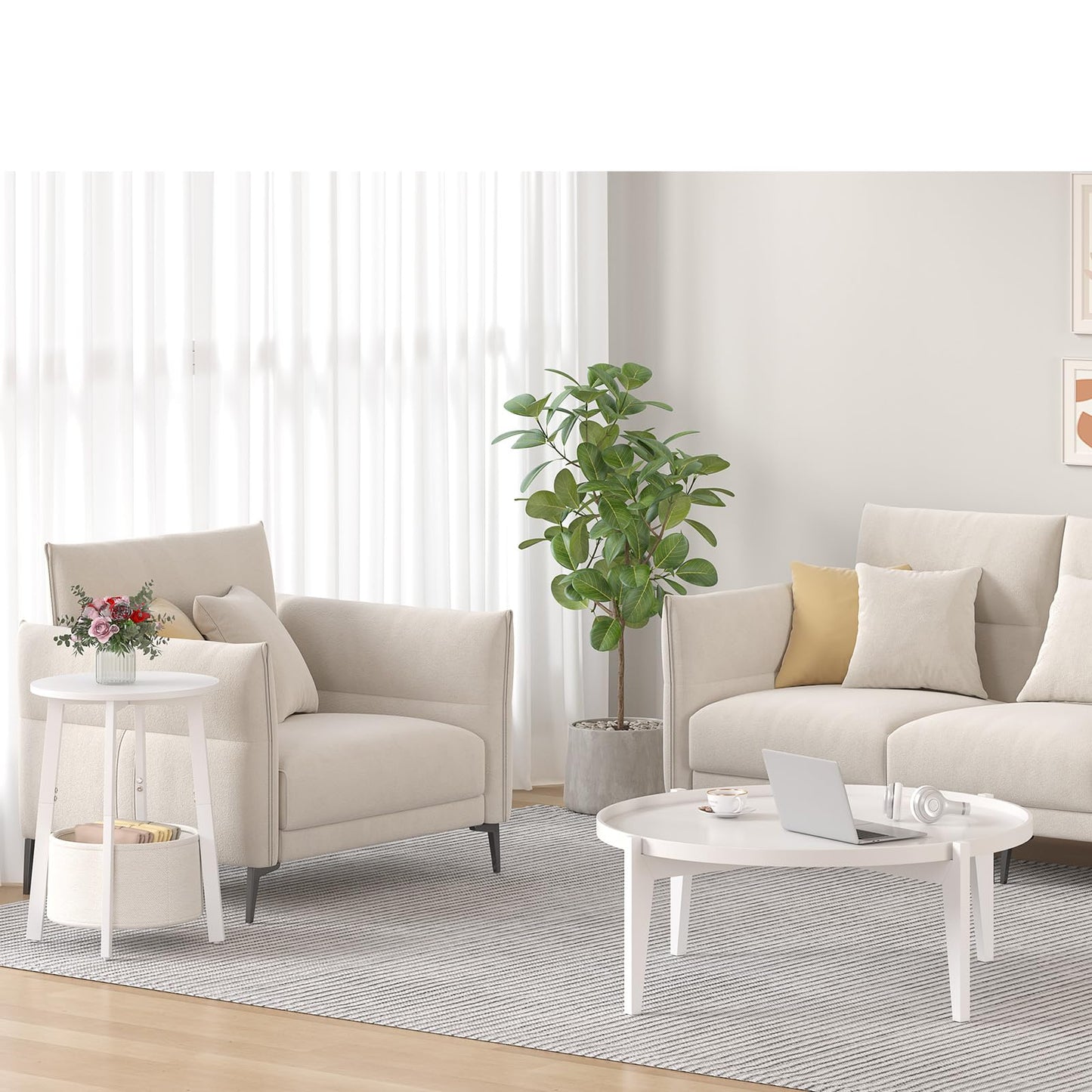 sthmec Small Round Side End Table with Cloth Storage Basket, Round Bedside Sofa Couch Coffee Tables for Small Places with Metal Frame, Modern Nighstands for Living Room Bedroom,White