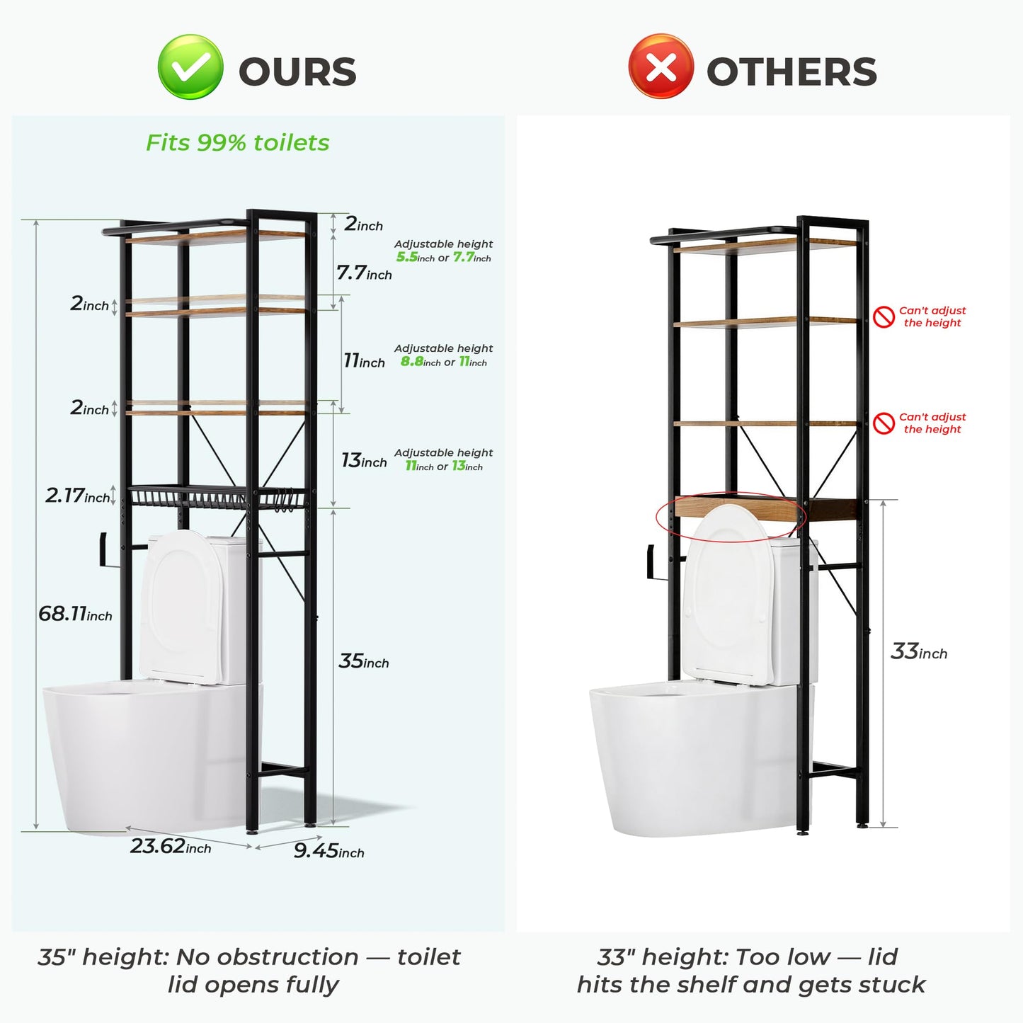 GRUSIGN Over-The-Toilet Storage Shelf, 4-Tier Bathroom Organizer Shelf, Freestanding Space Saver Shelves Over Toilet with Adjustable Shelf for Bathroom, Brown