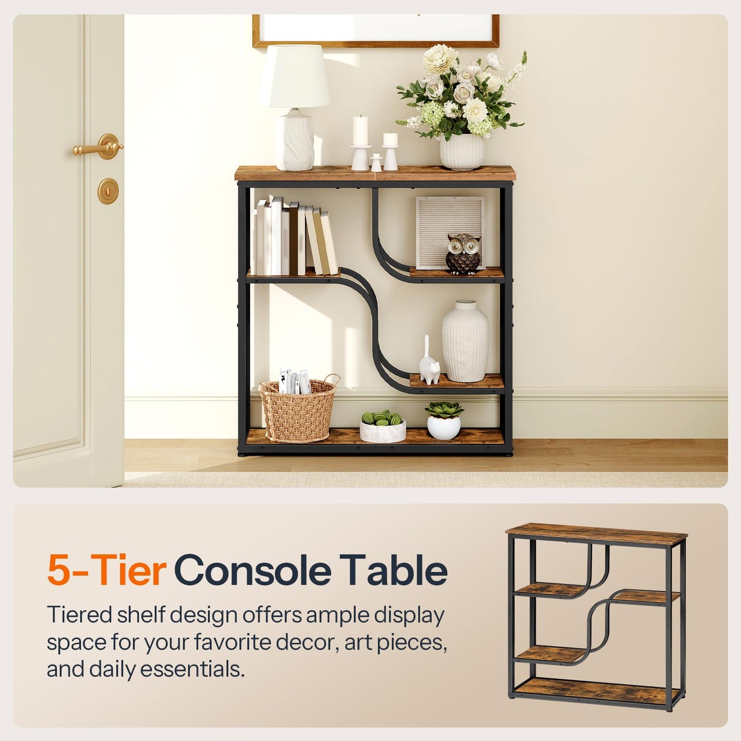 HOOBRO 29.5" Console Table, 5-Tier Narrow Entryway Table, Behind Couch Table with Storage Shelves, Sofa Table for Hallway, Living Rooms, Entryway, Rustic Brown and Black BF69XG01