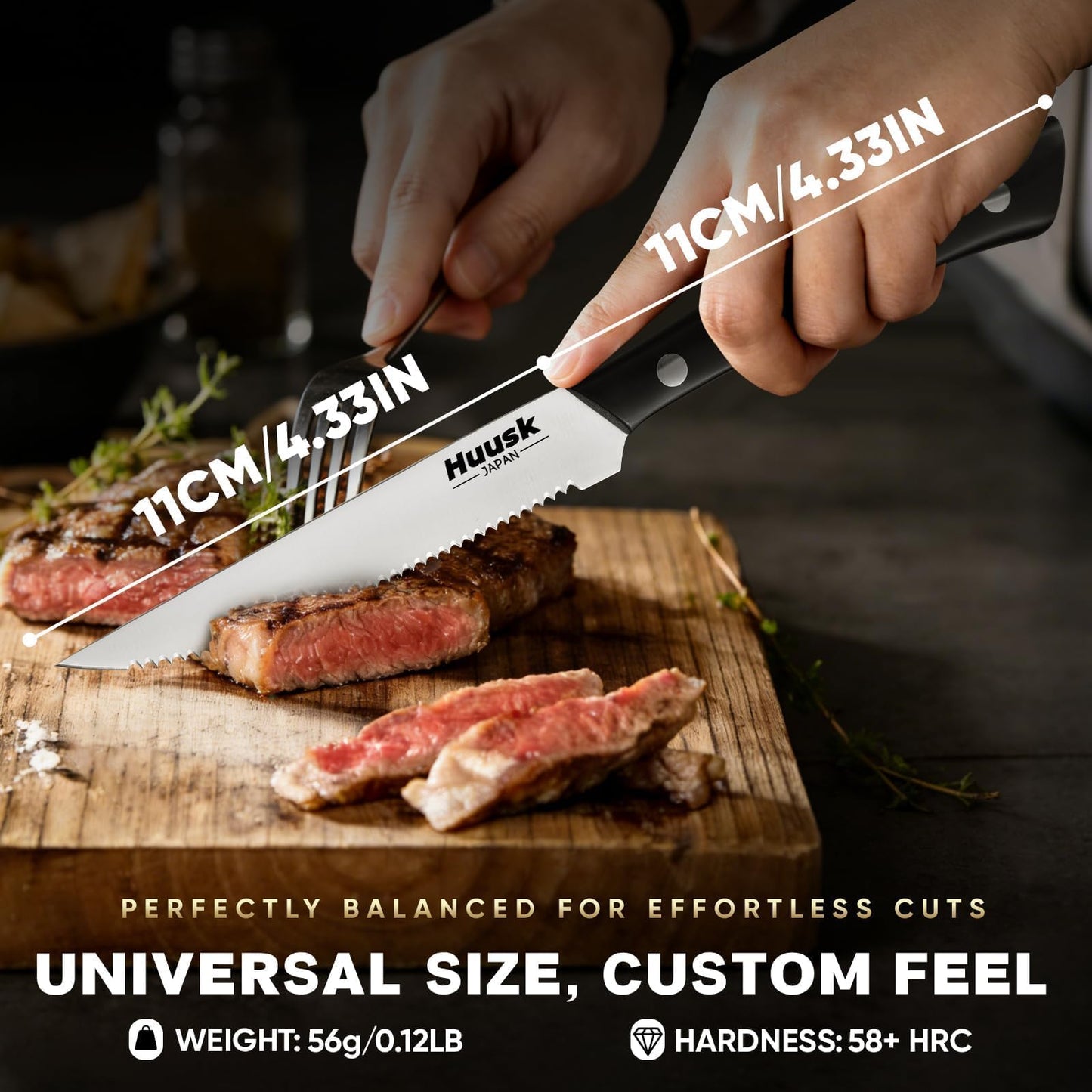 Huusk Steak Knives Set of 6, Sharp Serrated Steak Knives with Full Tang Handle, Japanese Stainless Steel Stake Knife Set for Dinner Kitchen Table, Birthday Gifts Box for Men Women