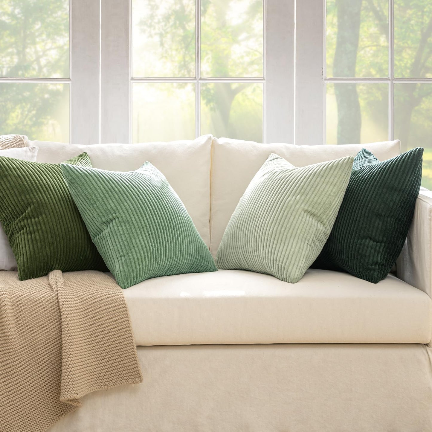 MIULEE Boho Farmhouse Sage Green Throw Pillow Covers 24x24 Inch Set of 4 Mordern Nordic Cushion Covers Soft Corduroy Spring Home Decor for Couch Bed Sofa Living Room Forest Green