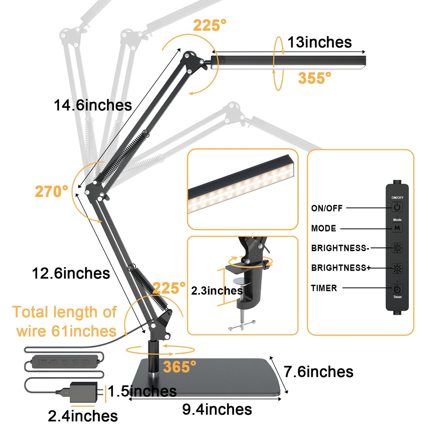 TROPICALTREE LED Desk Lamp for Home Office and Round Base, Clamp-On with 5 Light Modes & Auto Shut Off | 14W Adjustable Brightness 5000K Eye-Caring Lighting for Study/Bedroom/Computer Desk