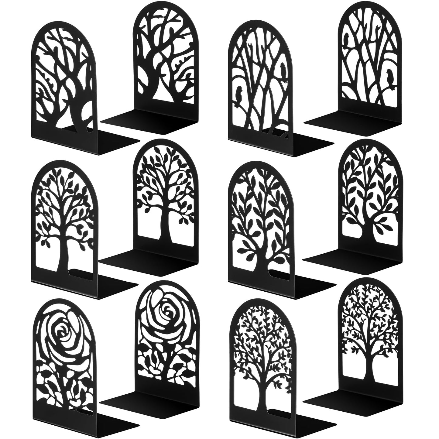 Feifeiya 6 Pairs Decorative Book Ends Metal Bookends for Shelves Black Metal Heavy Duty Book Ends Holder Supports Stoppers for Home Office School, 6.9x4.9x3.5”(Tree and Flower)