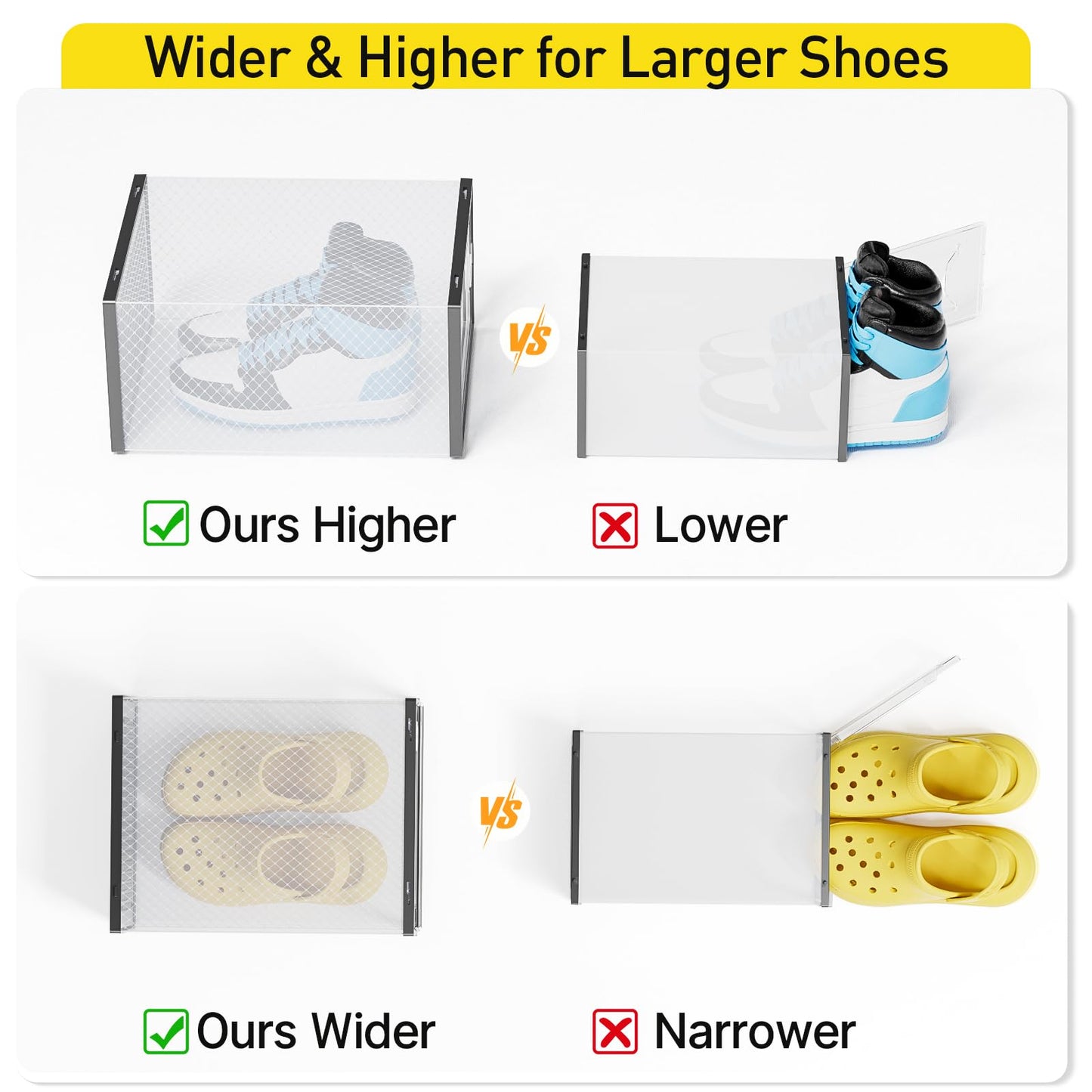 Kuject XL Shoe Boxes with Activated Charcoal, 12 Pack Stackable Plastic Clear Shoe Storage Boxes, Fresh Storage, Fits Men 11 Women 12, Sneaker Organizer Display Case for Closet, Entryway, Black