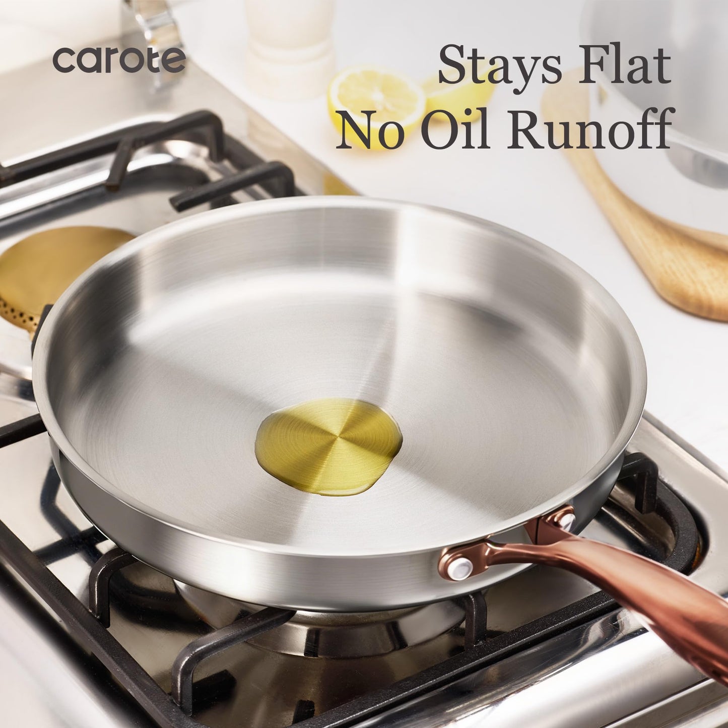 CAROTE 3-Piece Tri-Ply Stainless Steel Frying Pan Set, Skillet Set 8"/10"/12", Induction Compatible, Oven & Dishwasher Safe, Gold Handle, Mothers Day Gifts