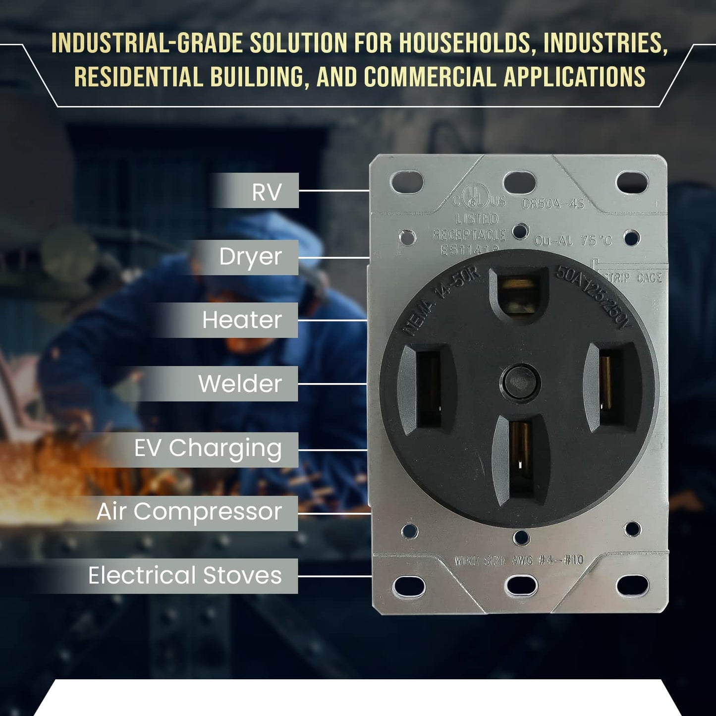 Select 10 Pack Lighting SL-DR50A-4S Volt Straight Blade Device, NEMA 14-50R, 50 Amps 125/250V Range Receptacle, Flush Mounting Power Outlet, Grounding, 3 Pole 4 Wired