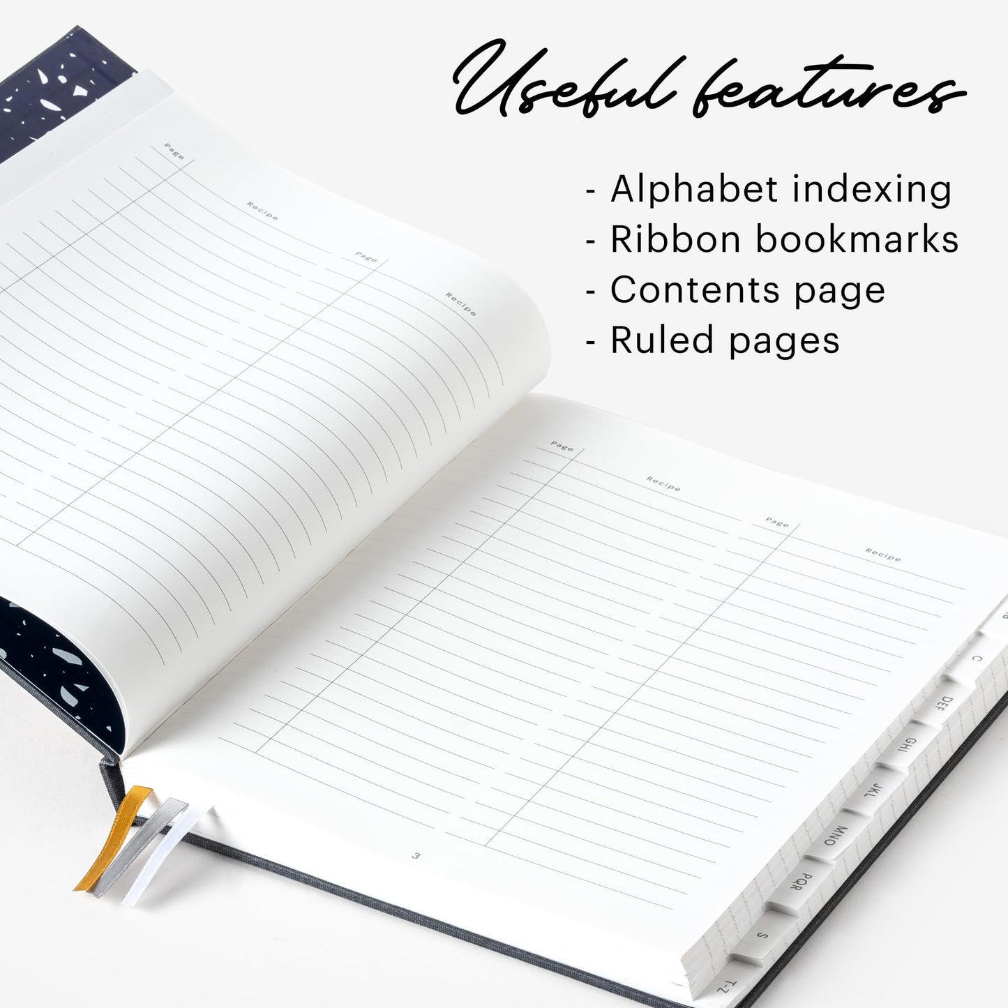 Stone Recipe Journal – 25 x 19 cm Waterproof Paper, 192 Lined Pages with A–Z Index, Conversions & Seasonal Produce, Durable Cotton Cloth Hardcover, Eco-Friendly Kitchen Notebook