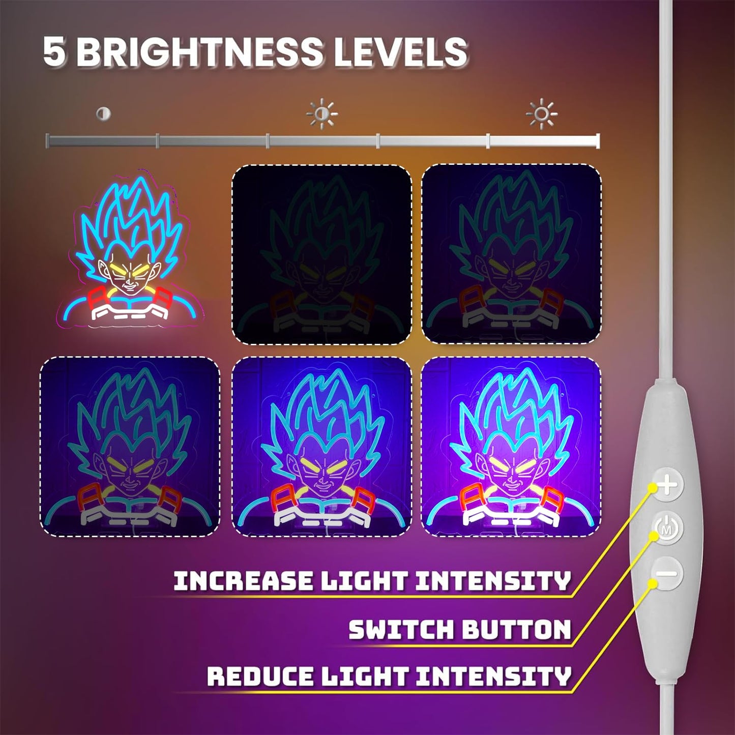 Nacynacy Super Blue Saiyan Anime Neon Sign，Neon Light LED Sign Saiyan Prince for Anime Fans Man Cave Wall Decor Dormitory Decoration USB Powered Dimmable 13 * 12.2inch