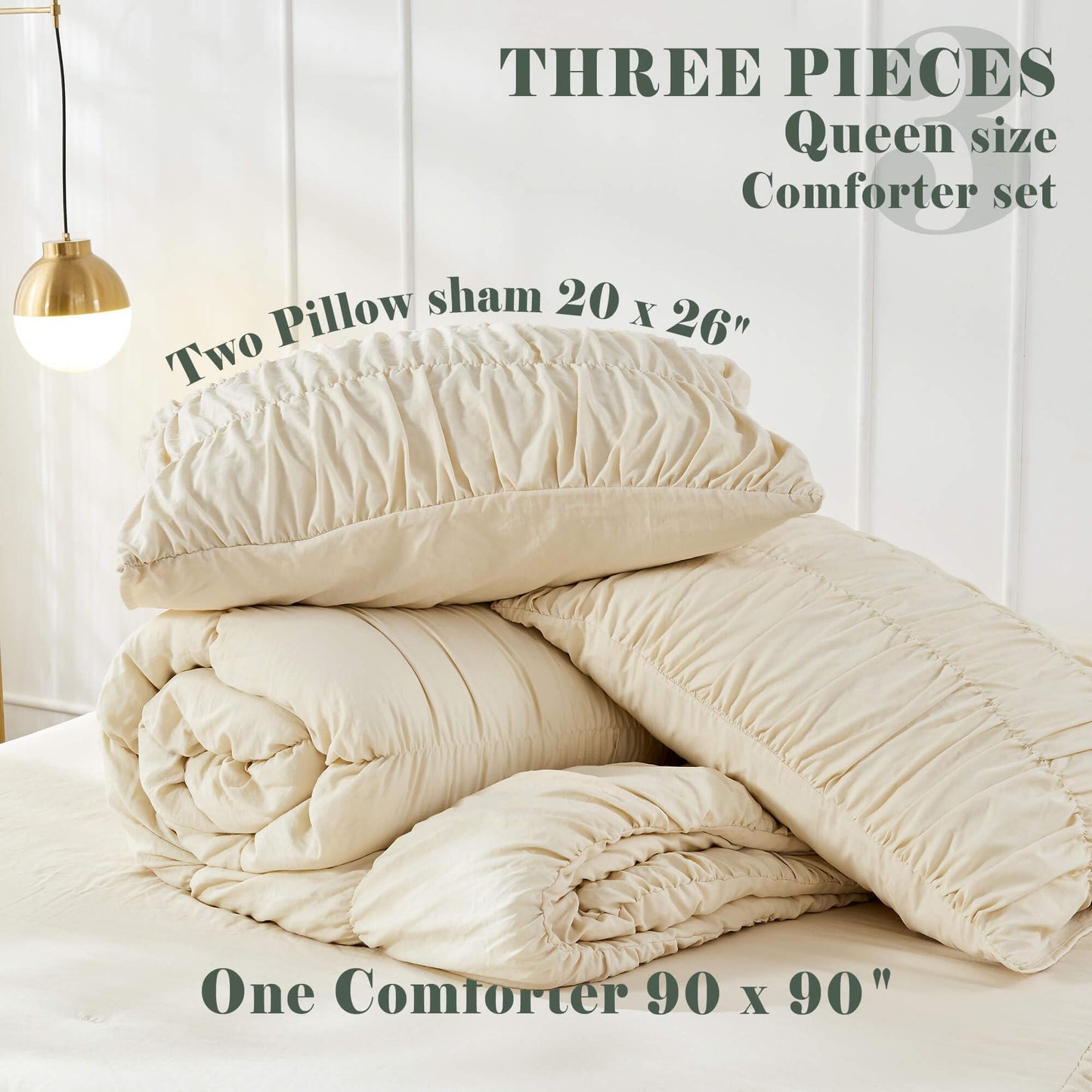 Bonlino Queen Comforter Set - Ruched Comforter Queen Size Bed Set Boho Shabby Chic Bedding for Bedroom Comforter Fluffy 3 Piece Ruffle Comforter Set with Pillow White Bedding Soft