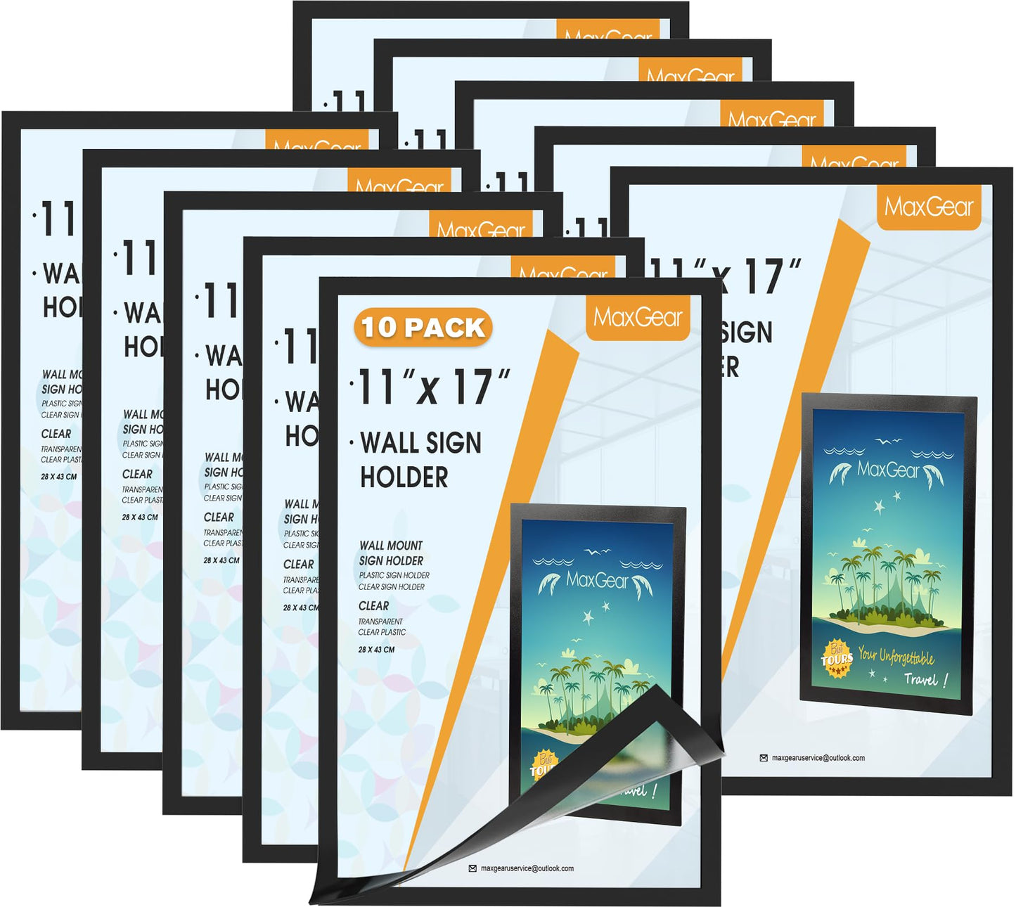 MaxGear 10 Pack Magnetic Sign Holder 11 x 17 with Magnetic Border，Self Adhesive Wall Mount Sign Holder Display Picture Frames Window Document Poster Paper Flyer Holder for Home Office Store