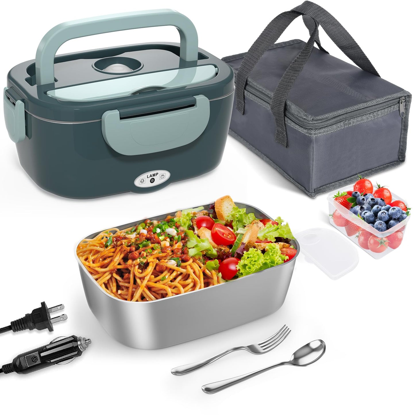 Monteka Electric Lunch Box Food Heater - Leakproof Portable Food Warmer heated lunch box for adults for Car/Home/Truck with 1.5L Removable Stainless Steel Container, White Elephant Gift, 12V/24V/110V