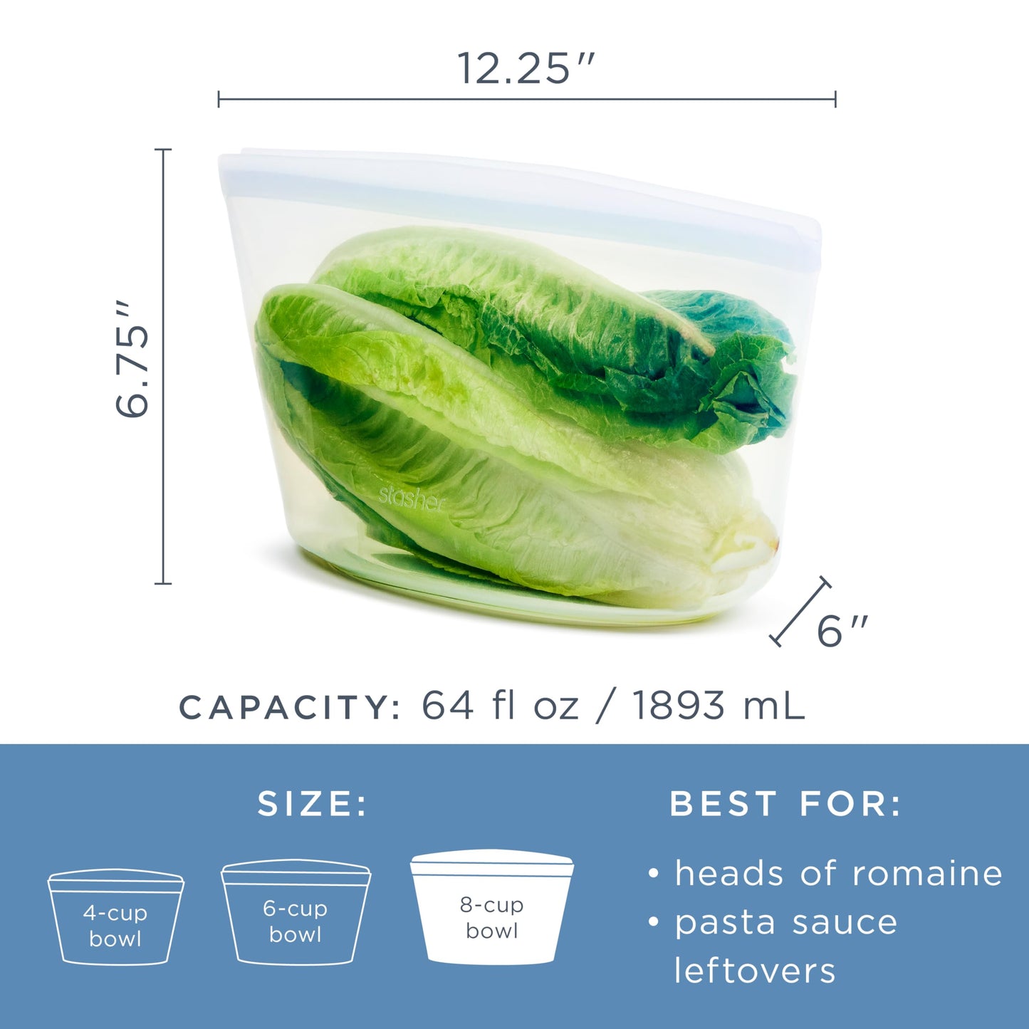 Stasher Silicone Reusable Storage Bag, 8-Cup Bowl, Reusable Freezer Bags, Microwave, Dishwasher, Oven Safe, Sous Vide, Premium Lunch Container, Eco Friendly, Food-safe Silicone Snack Bag, 64 oz, Clear