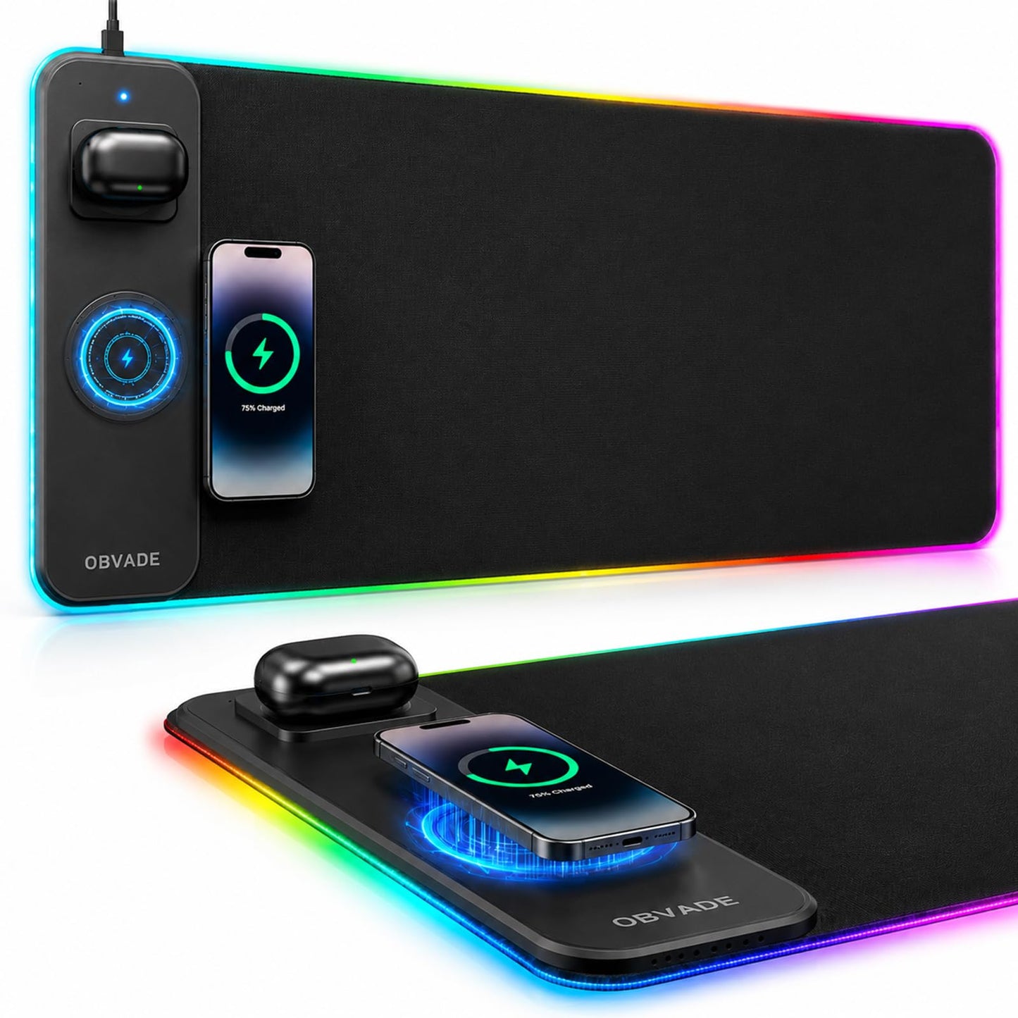 obvade Gaming RGB Mouse Pad Wireless Charging XXL Desk Mat for Keyboard 15w Fast Charger 11 Led Light Modes Non-Slip Large Office Desk Pads on Top of Desks