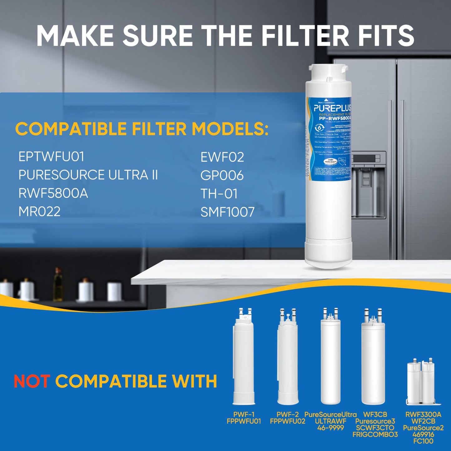 PUREPLUS EPTWFU01 Refrigerator Water Filter, Compatible with Frigidaire EWF02, GP006, Pure Source Ultra II, RWF5800A, 4Pack