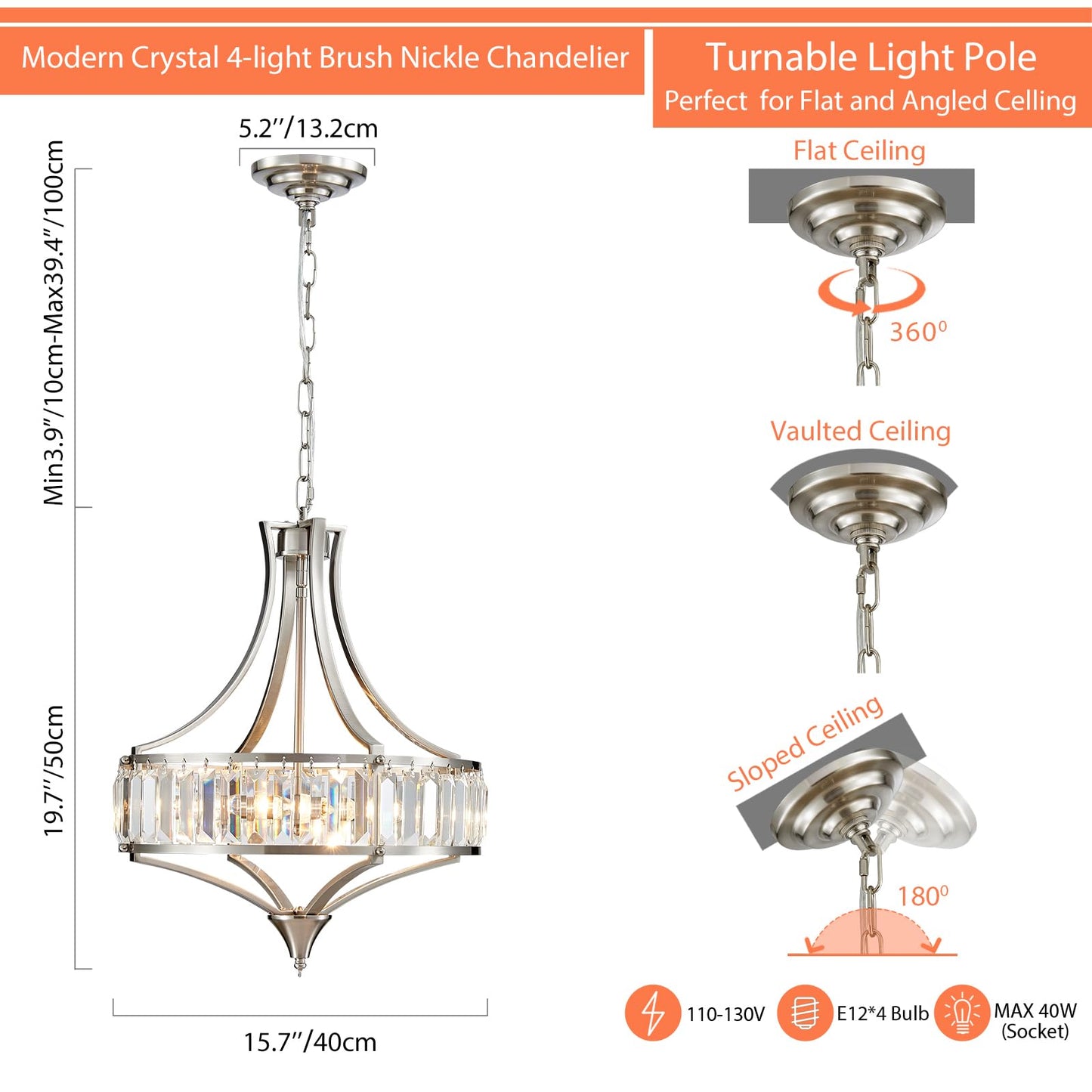 Majhoiw Crystal Chandeliers for Dining Room, Round Rustic Farmhouse Chandelier, Metal Shade, 4-Light Modern Brushed Nickel Chandelier for Hallway, Bedroom, Foyer