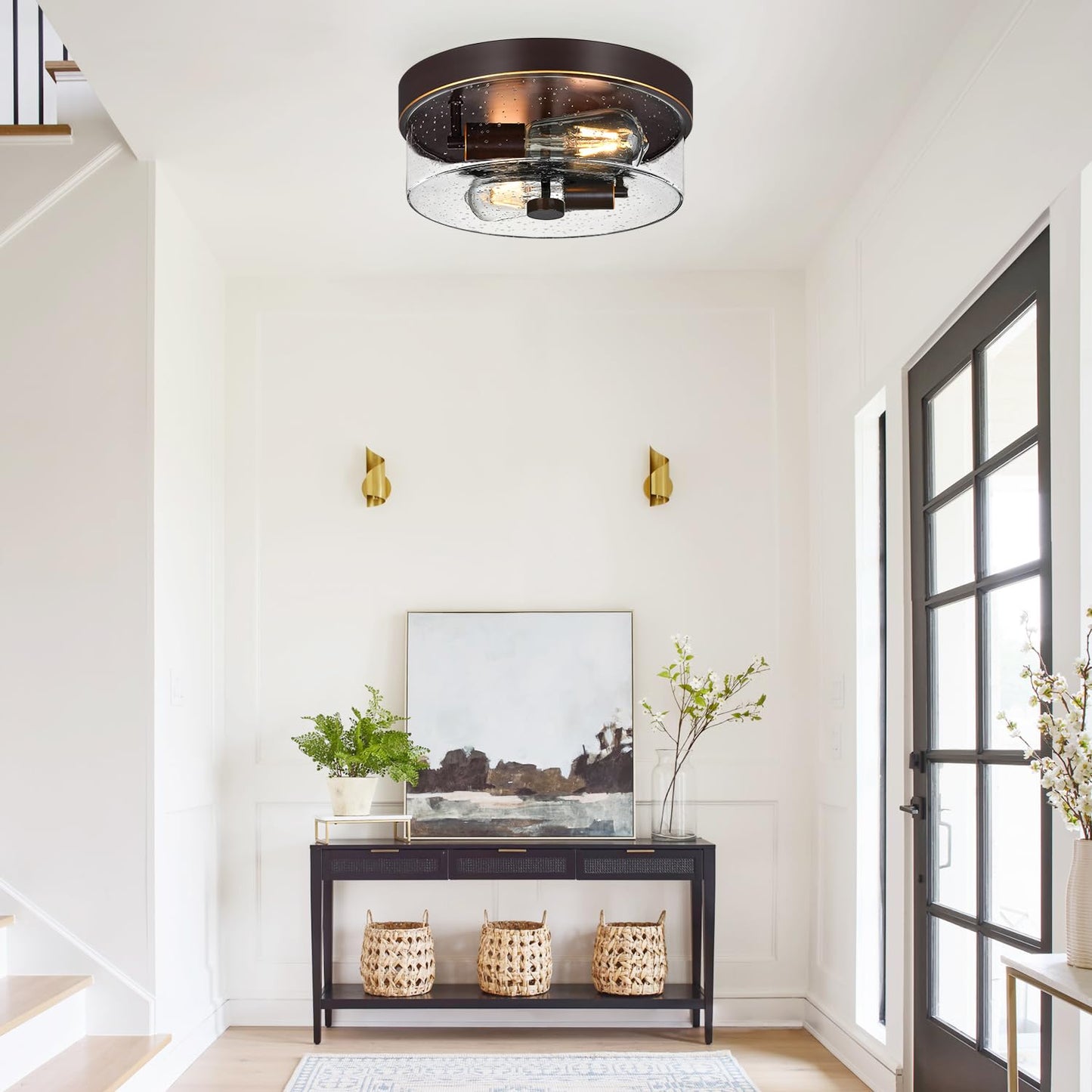 Flush Mount Ceiling Light Fixtures, 2-Light Oil Rubbed Bronze Ceiling Mount for Farmhouse with Seeded Glass Lampshade, Industrial Flush Mount Light Fixture for Hallway, Kitchen, Entryway and Foyer
