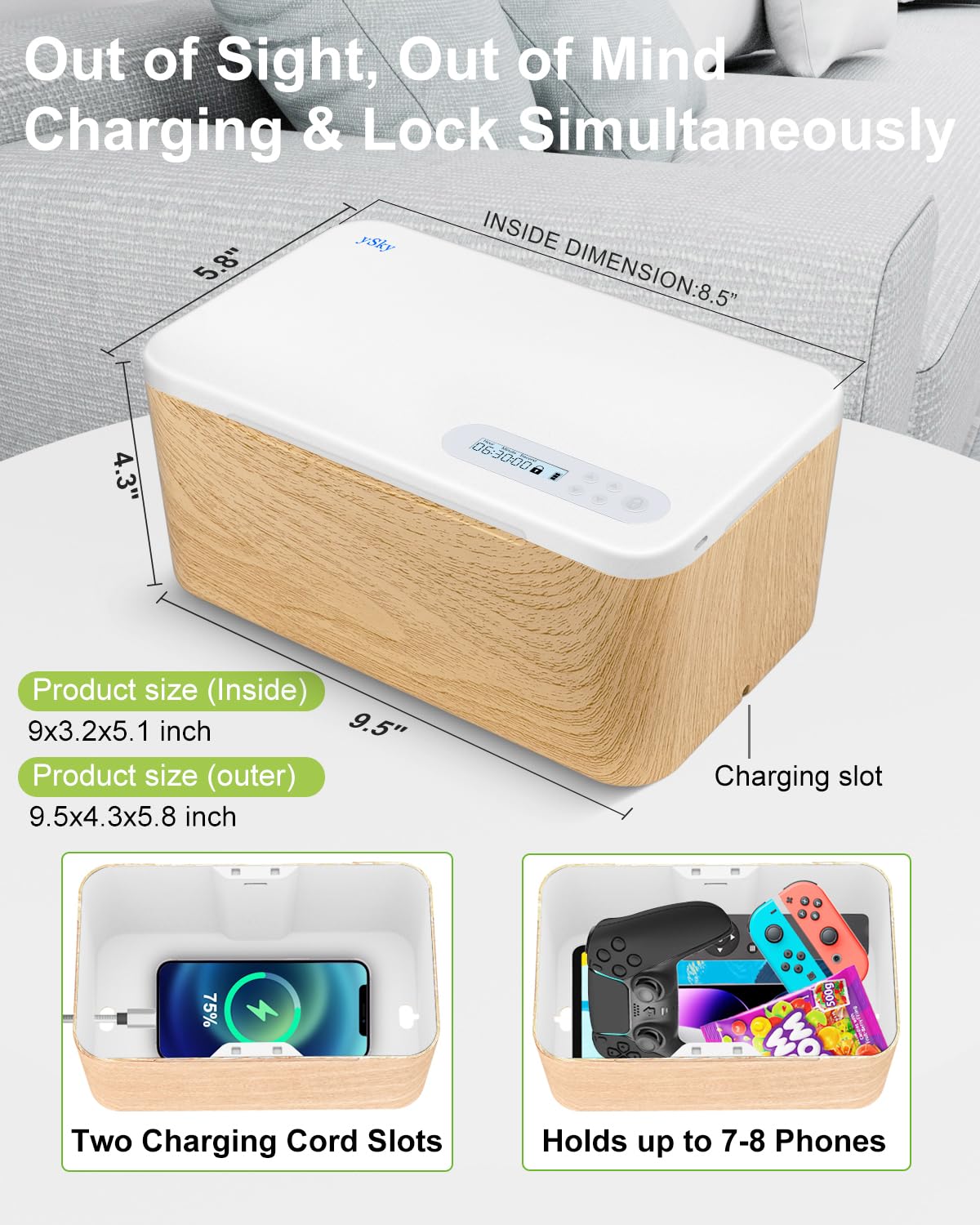 ySky Phone Lock Box with Timer,Safe Timed Lock Box Unplug from Phones,Video Games,Social Media,Snacks&Cravings,SelfControl Lock Storage Box for 8.5 inch iPad, cellphone Locker Time Lock Box(woodgrain)