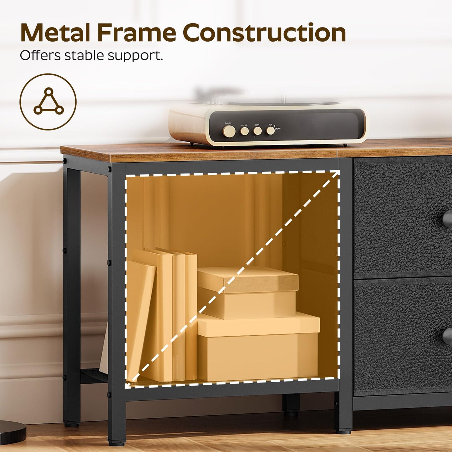 YATINEY TV Stand for TVs up to 55", Entertainment Center with 2 Fabric Drawer, Media Console with Shelves, Television Stands for Living Room, Bedroom, Rustic Brown and Black DS02BR