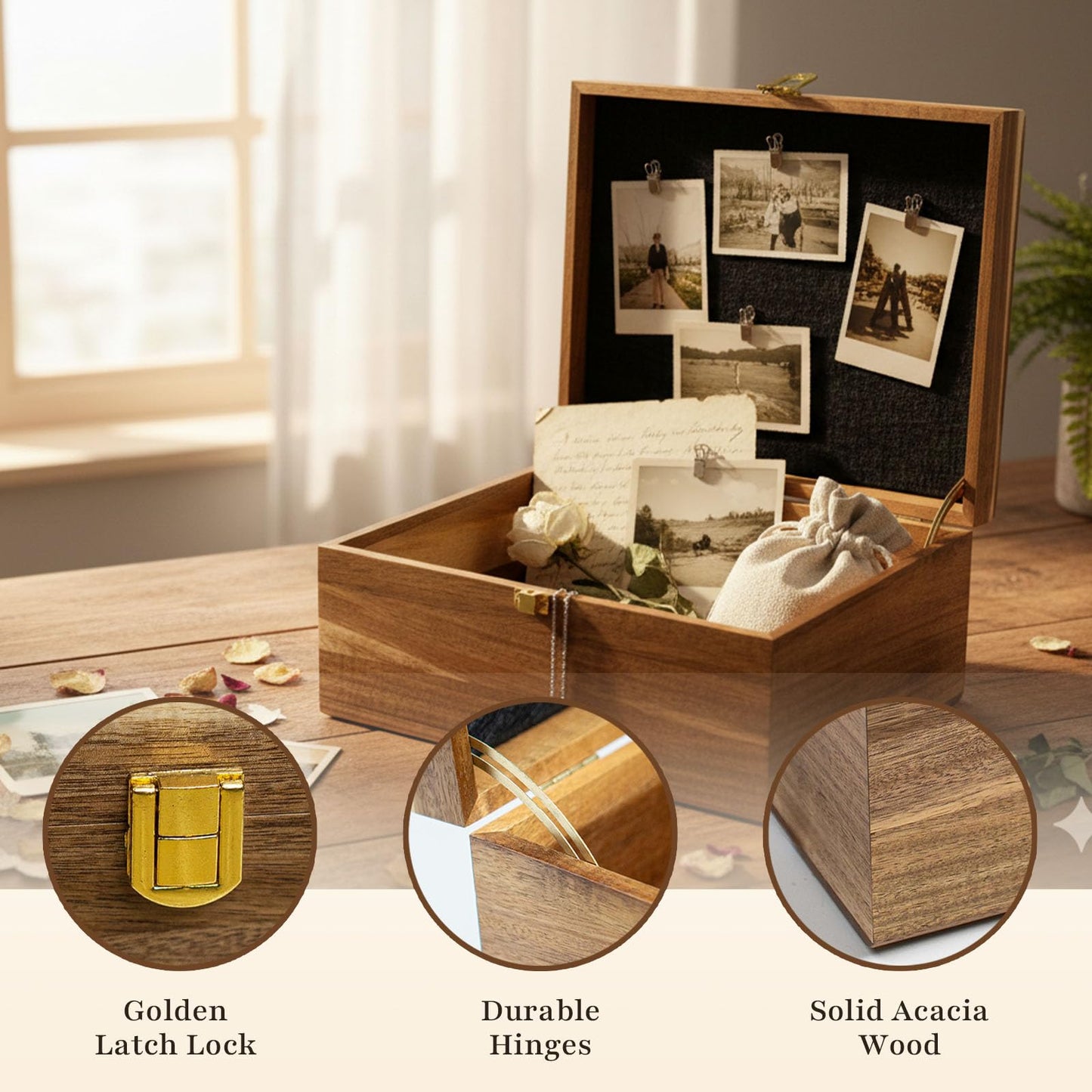 Keepsake Box – Wooden Keepsake Memory Box with Hinged Lid, Tree of Life Engraving, Large Acacia Wood Box 11"x8.6"x5", Felt Photo Board, Secure Latch – Storage for Photos, Letters, Jewelry, Crafts