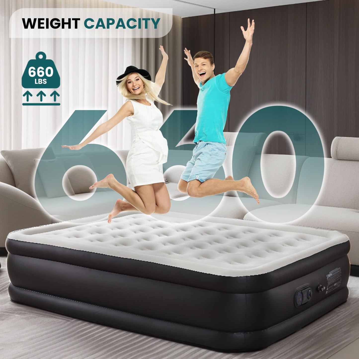 KMFurnila Queen Size Air Mattress with Built-in Pump, Inflatable Blow Up Mattress 18" Raised for Home, Camping & Guest, Portable Mattress 660 lbs Weight Capacity, Double Height & Non-Slip Bottom