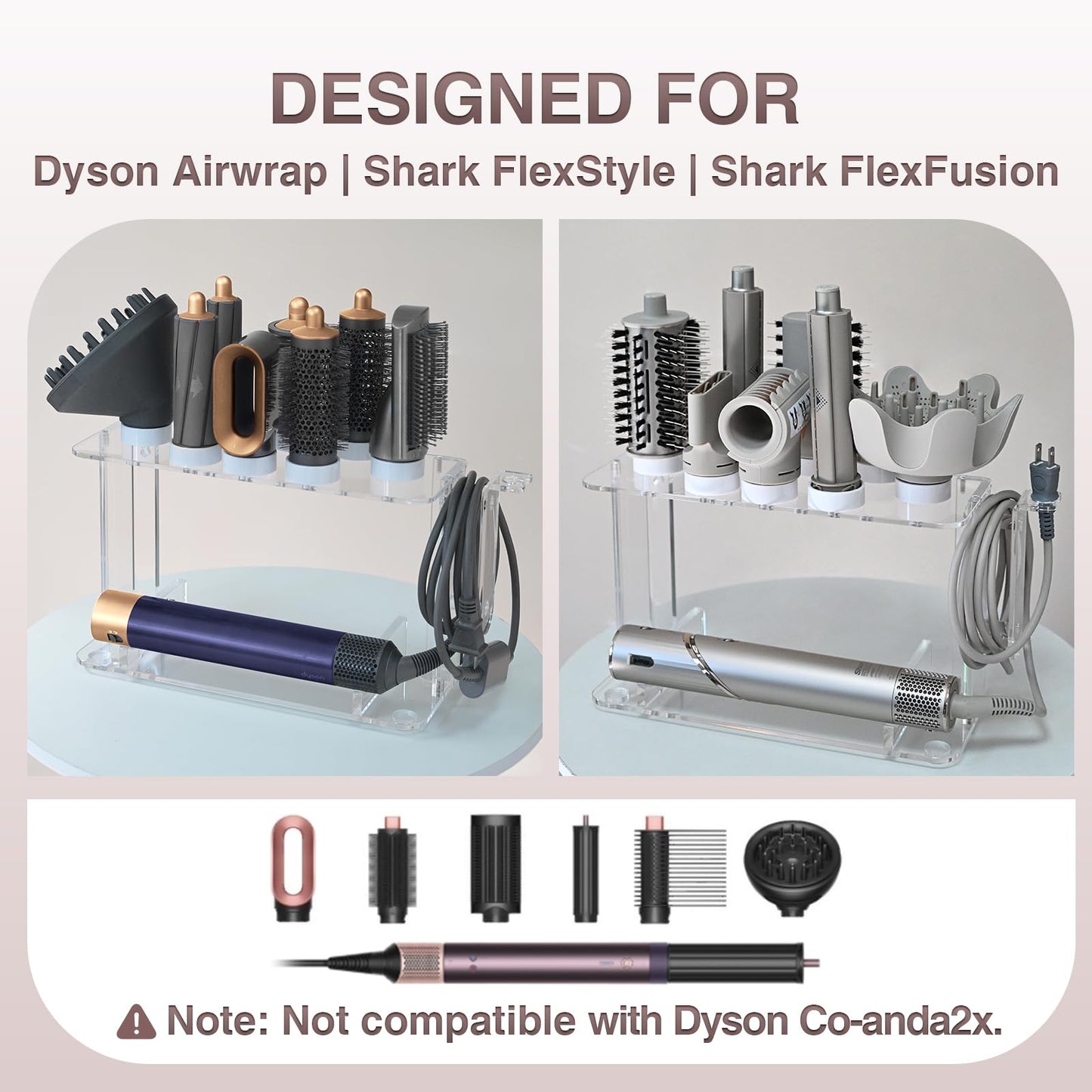 HAVICATO Hair Tool Holder for Dyson Airwrap Attachments, Storage Holder Compatible with Shark FlexStyle FlexFusion, Acrylic Display Rack Countertop Organizer Wall Mount for Hair Stylers, Clear&White