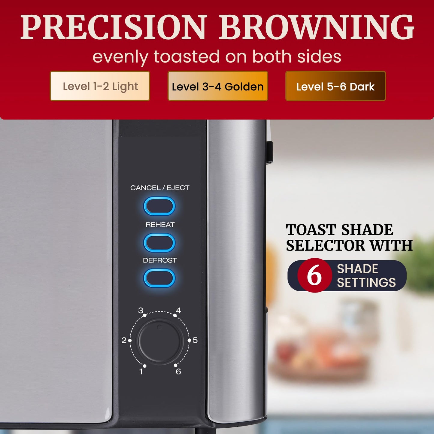 Elite Gourmet ECT3200 2-Slice, 1 Long Slot, Slim Toaster, Reheat, 6 Toast Settings, Defrost, Cancel Functions, Built-in Warming Rack, Extra Wide Slots for Bagels Waffles, Stainless Steel & Black