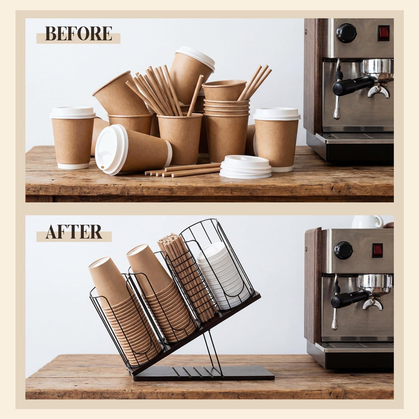 Geelin Adjustable Coffee Cup Dispenser, 4-compartment Cup and Lid Holder, Metal Holder Organizer for Storing Paper Cups, Straws, Lids and Disposable Tableware for Coffee Bar Countertop Breakroom