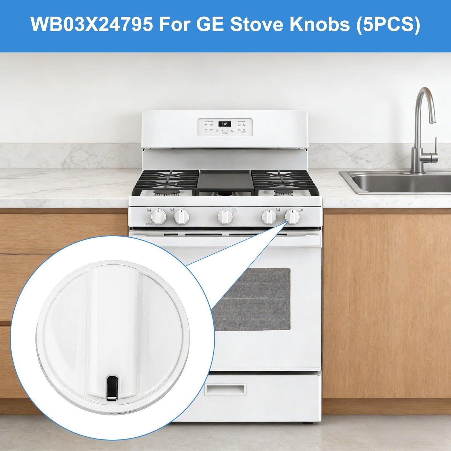 Upgraded WB03X24795 Stove Knobs Compatible with GE Gas Range Oven Knob JGB645DEK1WW JGB660DEJ1WW JGB700DEJ1WW JGB860DEJ1WW, Surface Burner Cooktop Control Replacement KIP 5G92 222D5793-5 Pack White