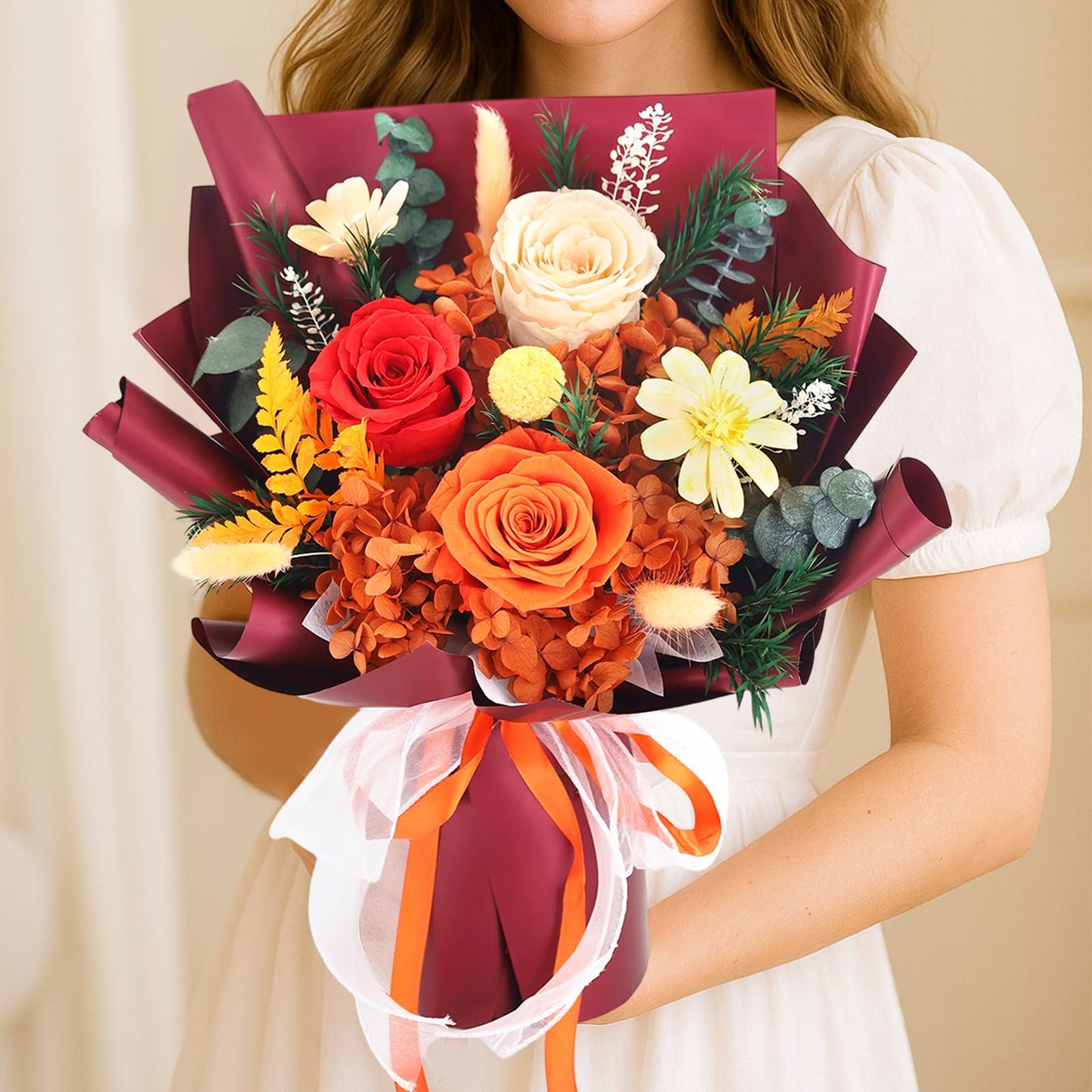 Preserved Flowers for Delivery, Orange Flowers Fresh Bouquet with Gift Box, Forever Eternal Rose Gifts for Women Mom Wife on Christmas, Valentines Day, Mother's Day, Birthday