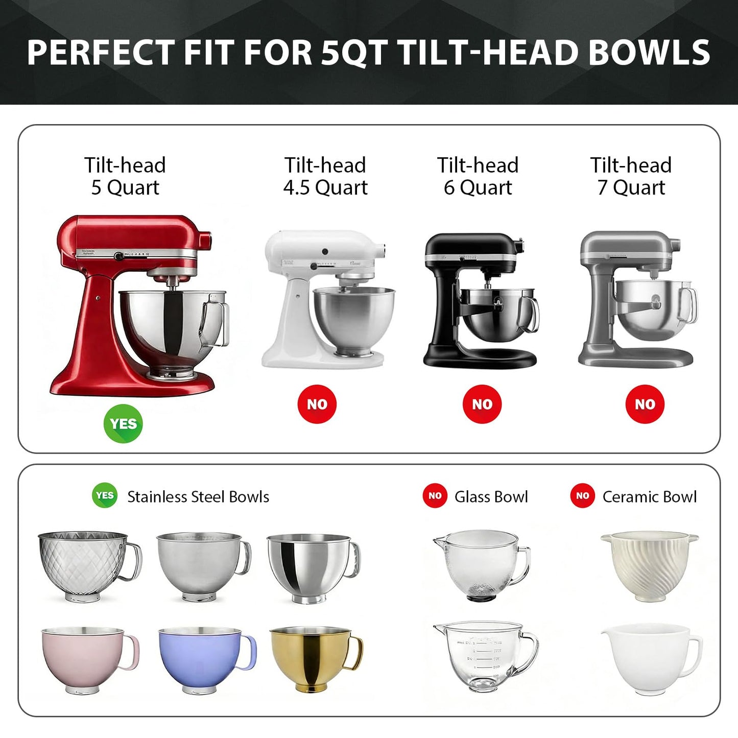 5 Qt Tilt-Head Silicone Liners for KitchenAid Mixer with Lids & Pouring Shield, Kitchen Aid Silicone Bowl Insert, Kitchen aid Accessories and Attachments for Baking & Cooking (3pcs White+Red+Black)