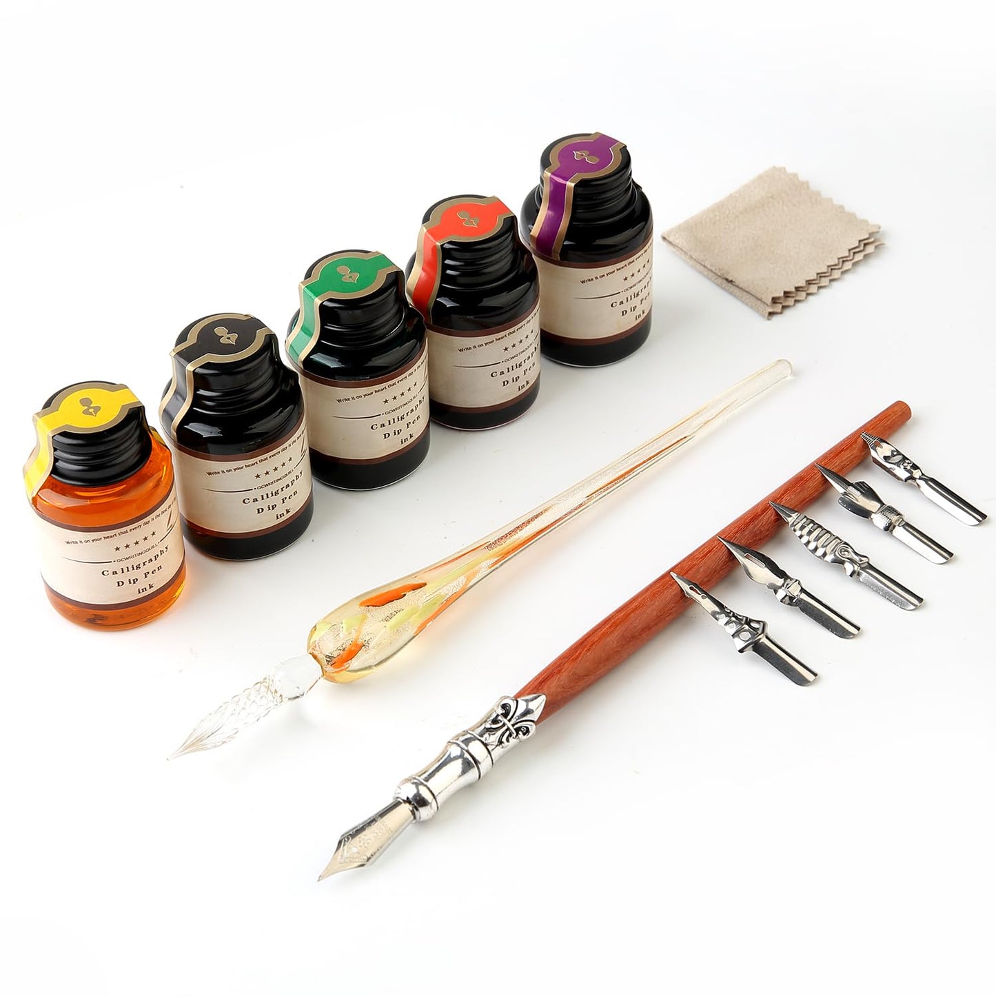 GC QUILL MU-02 Calligraphy Pen Set, Glass Dip Pen and Handcrafted Wooden Dip Pen Gift Set with 5 Colors Calligraphy Ink 6 Nibs, Calligraphy Set for Beginners