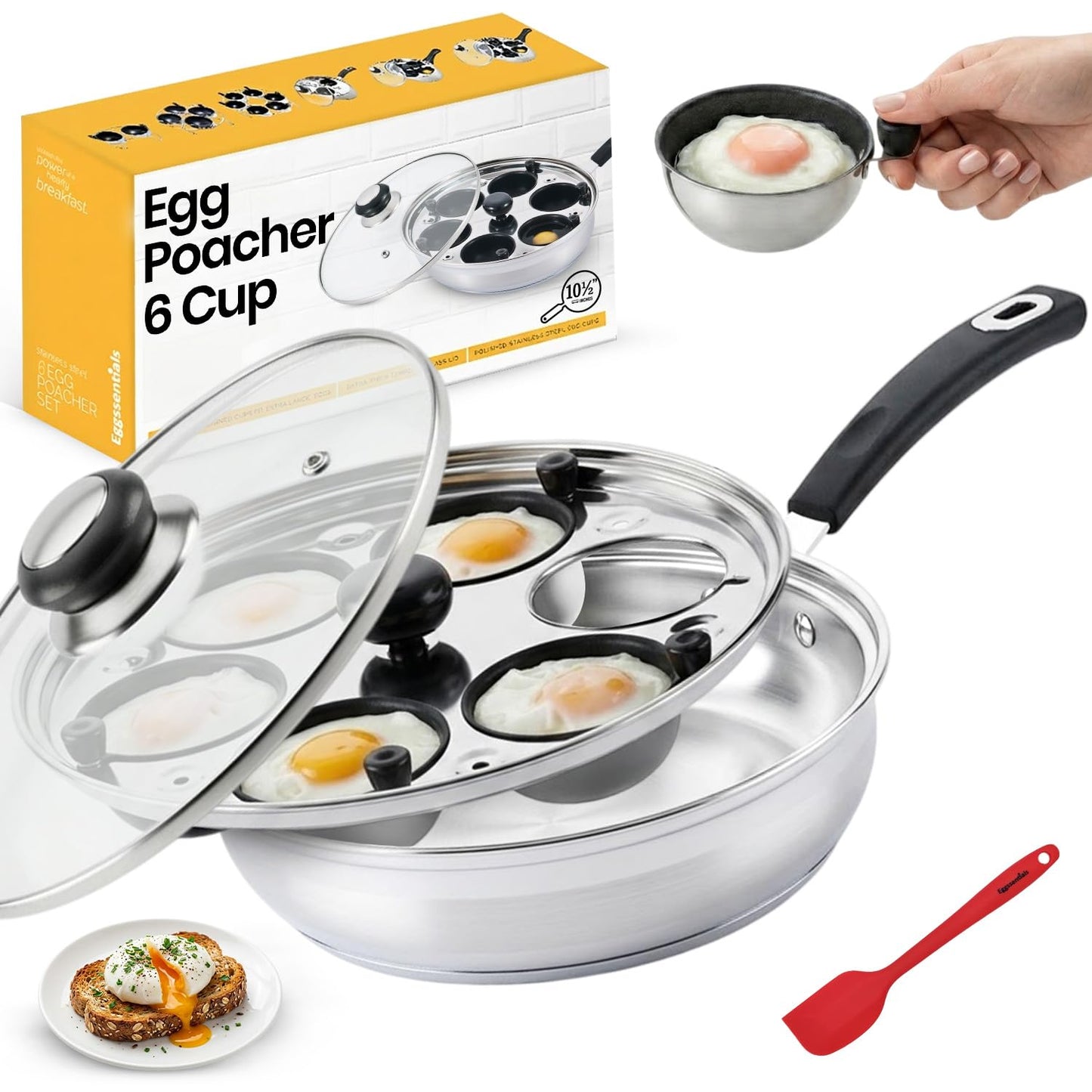 Eggssentials Egg Poacher Pan Nonstick Poached Egg Maker, Stainless Steel Egg Poaching Pan, Poached Eggs Cooker Food Grade Safe PFOA Free with Spatula, Egg Poachers Cookware
