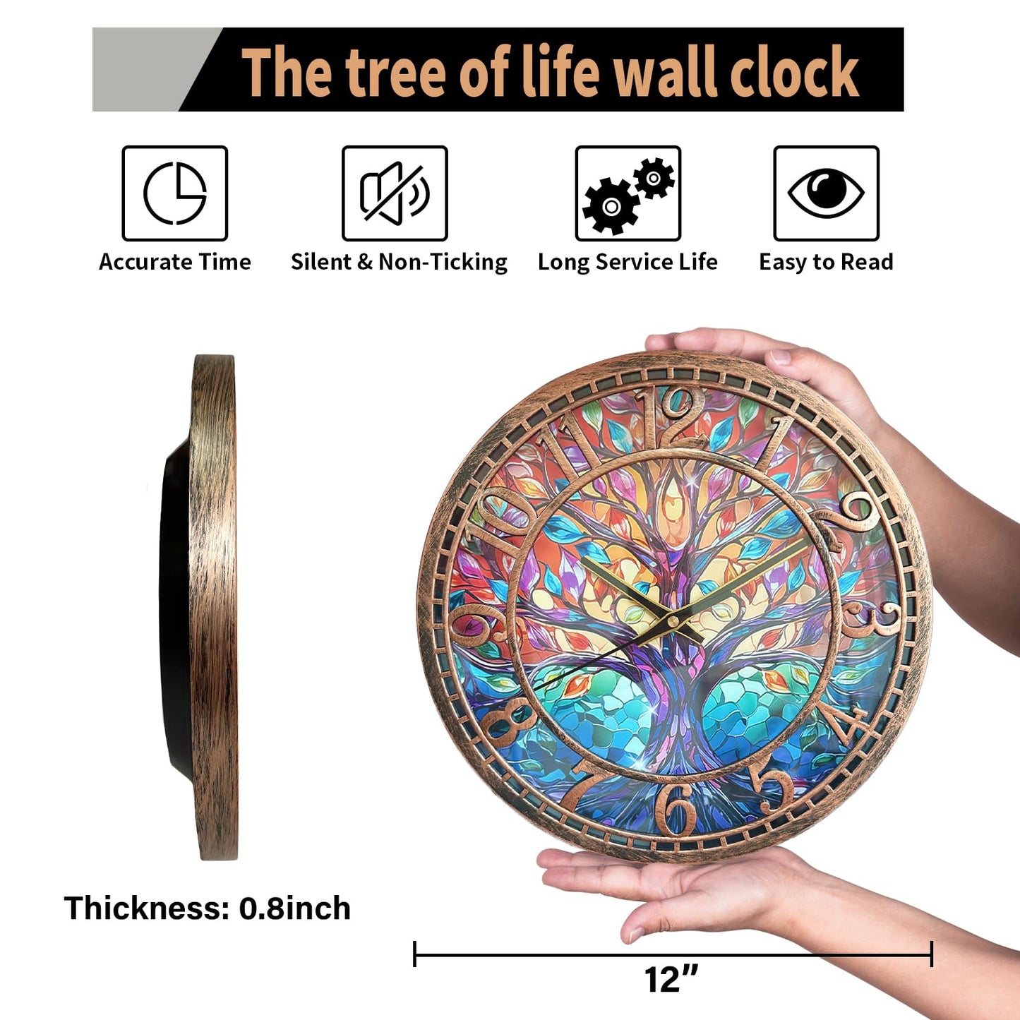 WANGIRO Tree of Life Wall Clock 12inch Silent Movement Non-Ticking Clock Precise Timekeeping Wall Clock Suitable for Living Rooms Bedrooms Offices Ideal for Home Decor Gifts Antique Copper