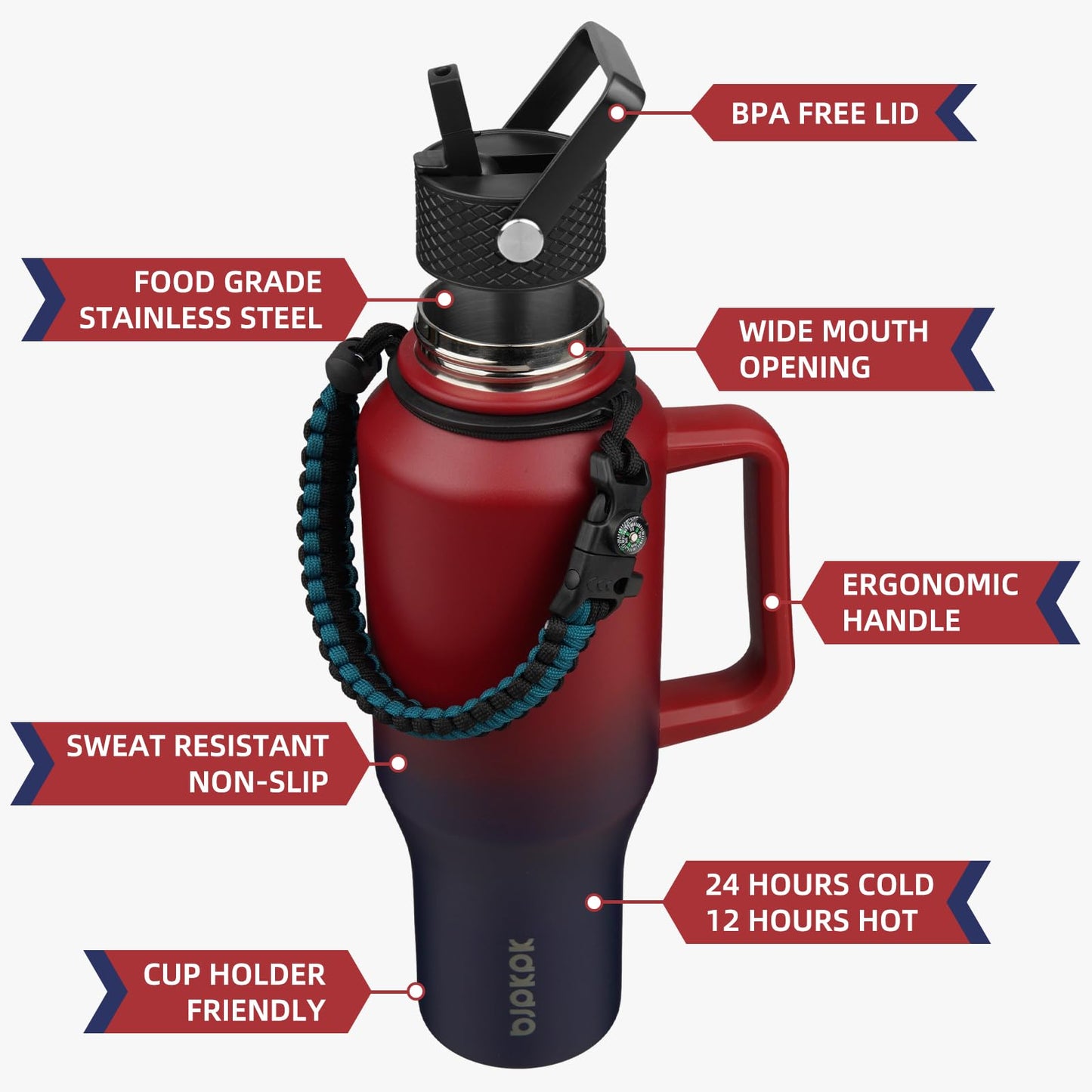 BJPKPK Insulated Water Bottles with Straw Lid, 40oz Metal Water Bottle with 2 lids & Paracord Strap, Double Wall Stainless Steel Tumbler with Handle, Reusable Cups, Mugs, Thermo, Charming Red