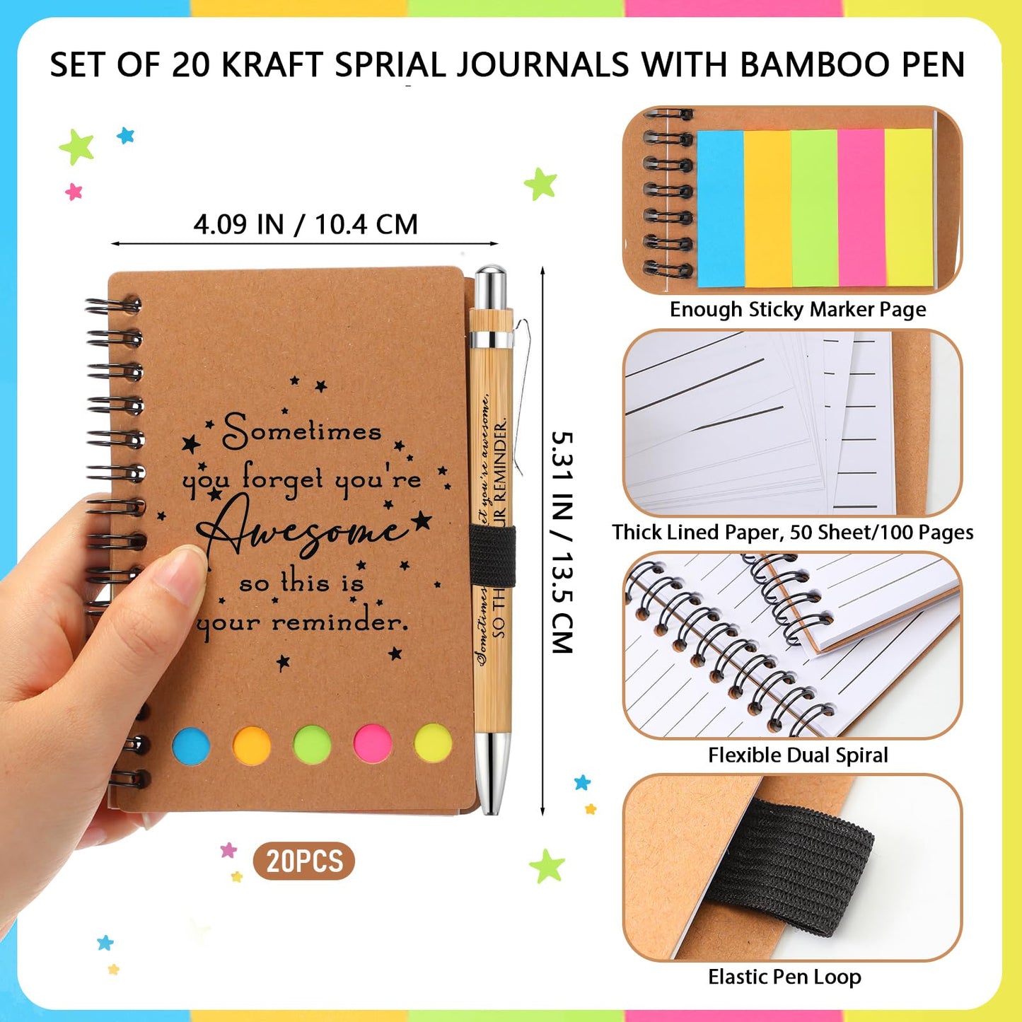 Chuangdi 20 Sets End of Year Teacher Gifts Appreciation Journal Inspirational Notebook with Sticky Notepad Bamboo Pen Bulk Graduation Thank You Gifts for Student Staff Team Coworker Nurse(Kraft)