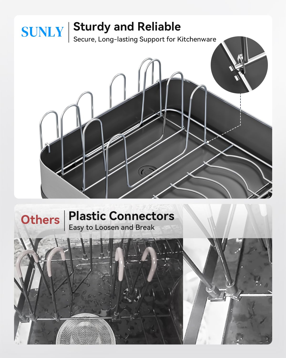 SUNLY Expandable Dish Drying Rack, Versatile Brackets for Pots & Pans, Space Saving Kitchen Drying Rack, Dish Racks for Kitchen Counter, Stainless Steel Dish Drainers with Extendable Spout, Black