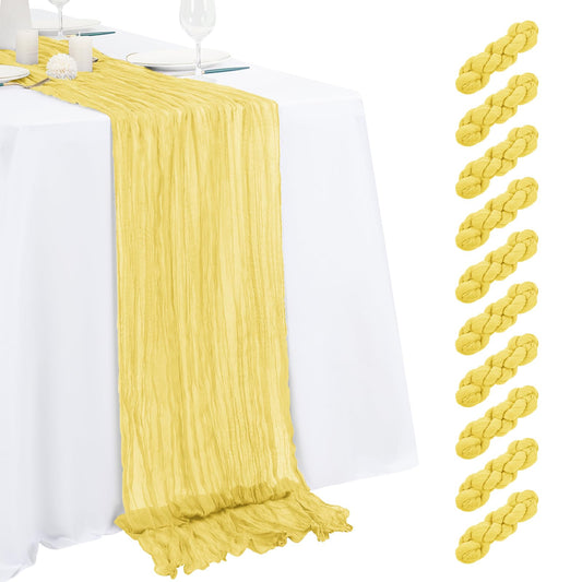 10 Pack Light Yellow Cheesecloth Table Runner 17x108 Inch Semi Sheer Boho Gauze Cheese Cloth Table Runners, for Wedding Bridal Shower Birthday Party Home Decor Garden Farmhouse