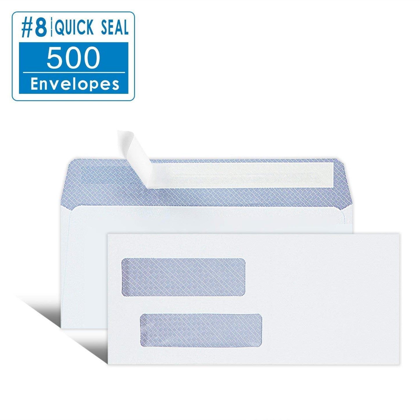 Ohuhu 500 Pack #8 Double Window Envelope SELF SEAL Adhesive Tinted Security Envelopes Quickbooks Check, Business Check, Documents Secure Mailing, 3 5/8" x 8 11/16", White Envelope