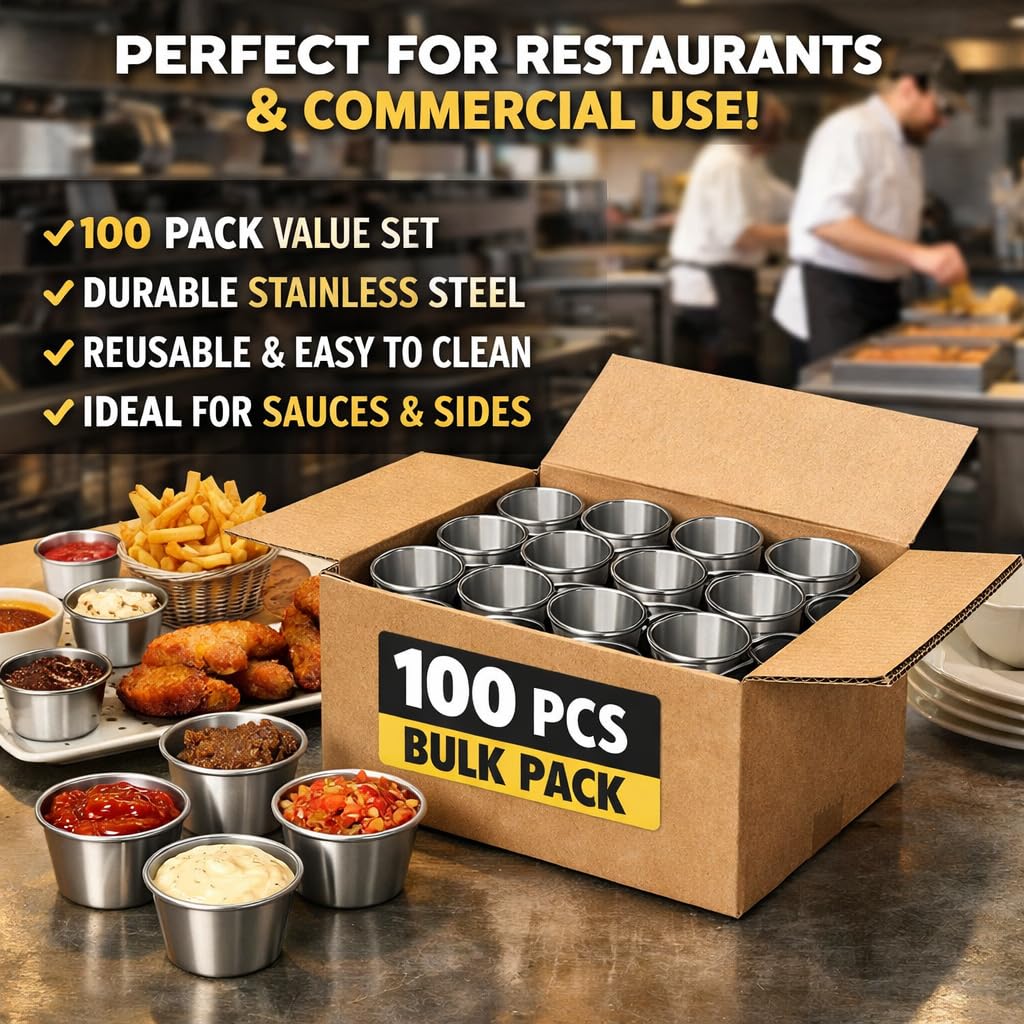 100Pcs Stainless Steel Dipping Sauce Cups, 2.5oz Metal ramekins,Reusable Metal Sauce Cups Stainless Steel Condiment Cups Small Dipping Bowls Round Individual Portion Cups for Home, Restaurant (100)