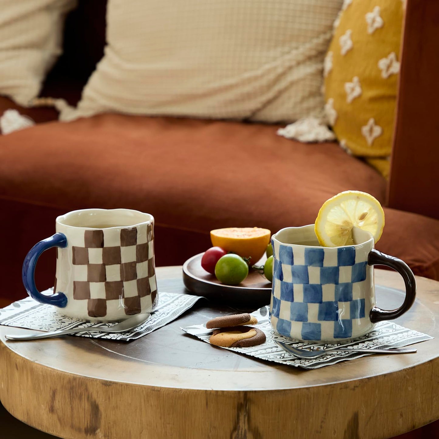 Hand-Painted Ceramic Coffee Mugs Set of 4 – 16oz Large Capacity Artistic Tea Cups with Checkerboard & Striped Patterns, Microwave & Dishwasher Safe for Home, Office, Kitchen (Summer Vibes Collection)
