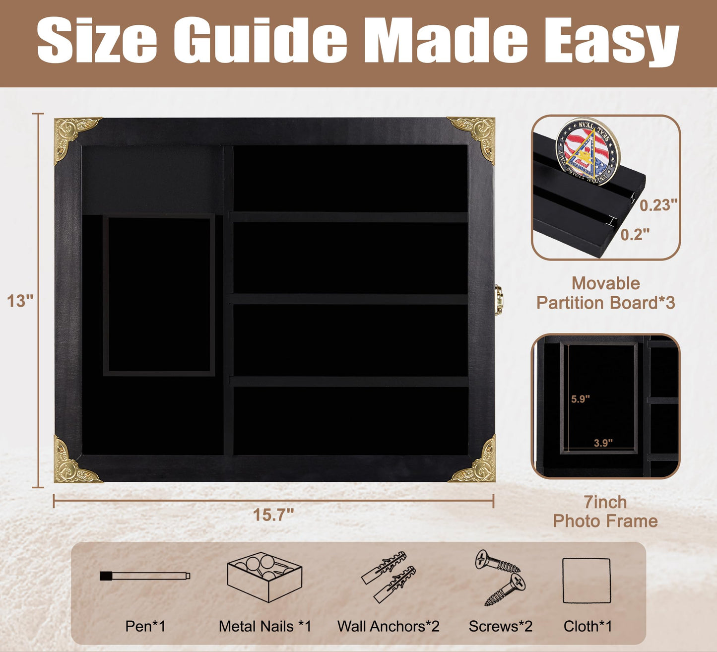 KWYADLUO Challenge Coin Display Case for Gift, Lighted Coin Medal Holder with Photo Frame & Chalkboard, Wall Mount Shadow Box with Removable Shelves, Memorial Gift for Men, Veterans, Collectors, Black
