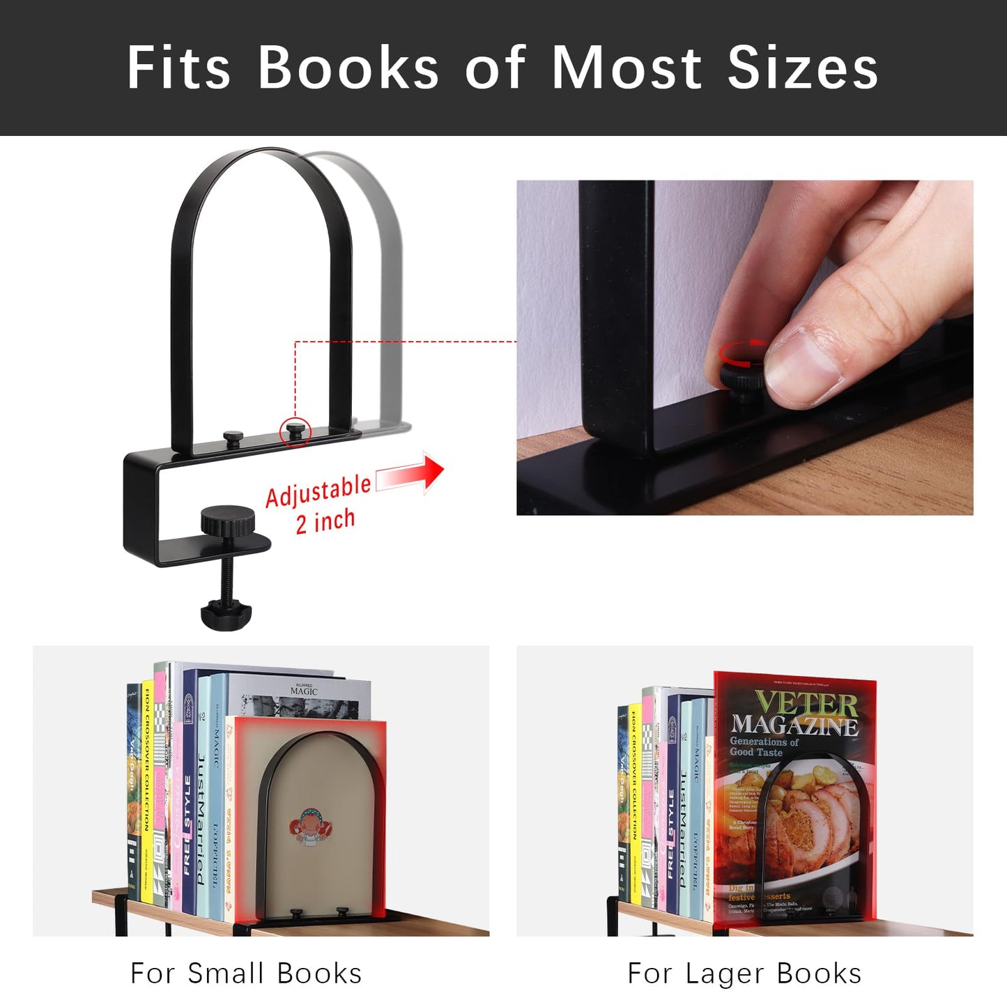 WOMACO Book Ends for Heavy Books, Heavy Duty Bookend for Shelves, Super Steady Clamp-On Non-Skid Metal Book Shelves Holders Stoppers for CDs, Vinyl Records (Black, 2 Pairs)