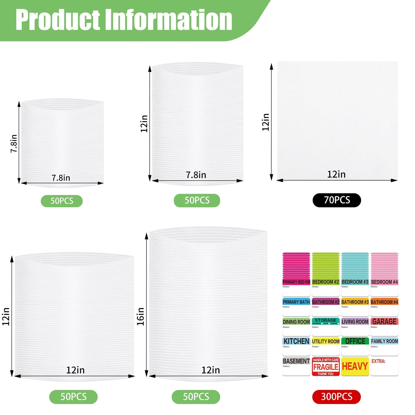 OHVDOC 570-Piece Foam Packing Supplies Kit for Moving,270 Cushion Foam Pouches & Sheets in 4 Sizes | 300 Writable Moving Labels for Glassware, Shipping & Storage