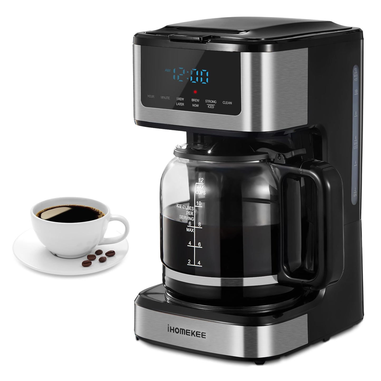 Ihomekee Coffee Maker, Programmable Drip Coffee Maker 12 Cup, Regular & Strong Brew Drip Coffee Machine with Iced Coffee Function for Home and Office, Black & Stainless Steel (Black,Silver)