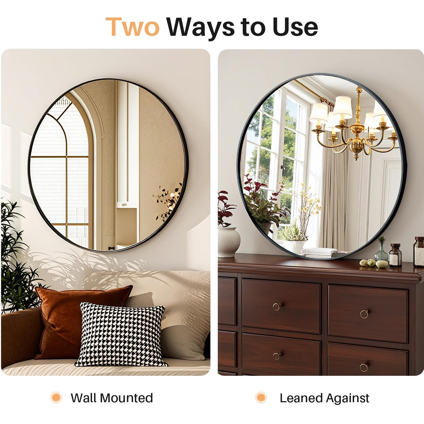 Atilioo Bathroom Mirror for Wall, 24 Inch Round Mirror, Matte Black Metal Framed Circle Vanity Mirror for Bathroom Bedroom Living Room Entryway, Anti-Rust, Tempered Glass, Hanging or Leaning