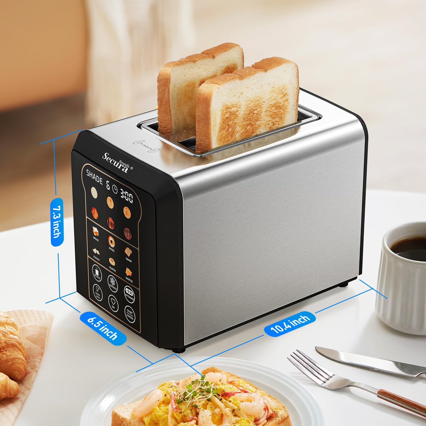 Secura Brands 2 Slice Toaster Automatic, No Lever Stainless Steel Wide Slot Touch Screen Smart Toaster with Digital Timer, +10s Extend, Custom Memory Settings for Home, RV